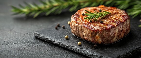 Grilled Beef Patty with Rosemary and Peppercorns on a Slate Plate