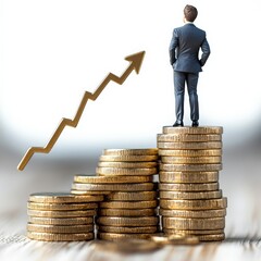 the path to success: a miniature businessman stands atop a rising stack of gold coins, symbolizing f