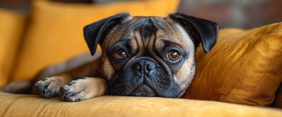 Poster - Adorable Pug Dog Relaxing on a Yellow Sofa