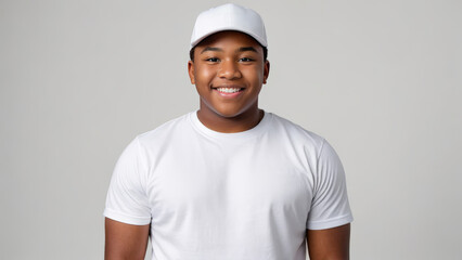 Wall Mural - Plus size black teenage boy wearing white t-shirt and white baseball cap isolated on grey background