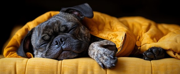 Poster - Sleeping Pug Dog Wrapped in a Yellow Blanket