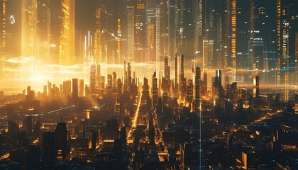 Golden-lit futuristic skyline embracing technology and city life through vibrant digital data integration