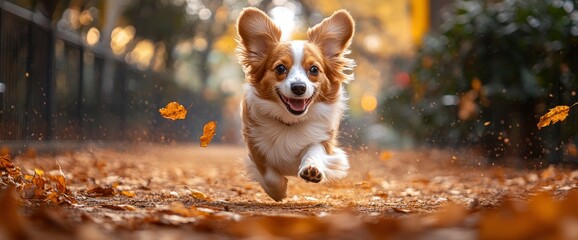 Wall Mural - Happy Dog Running Through Autumn Leaves