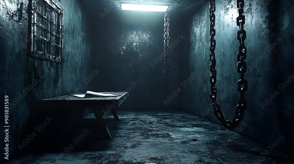 Industrial interrogation chamber, chains clinking on the wall, a file ...