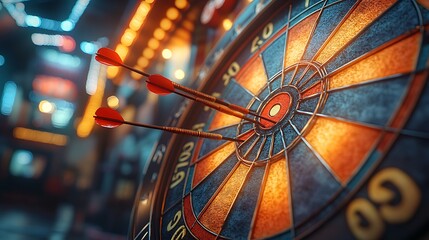 A close-up of a dartboard with darts hitting the target.