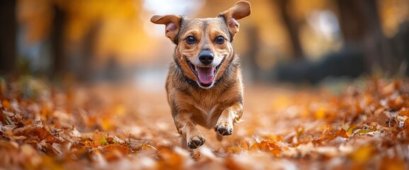 Wall Mural - Happy Dog Running Through Autumn Leaves