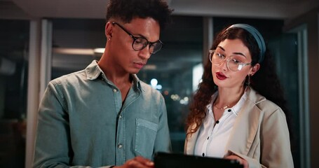 Aufkleber - Office, night and business people with tablet in conversation for investment, update and review of finance. Trading, man and woman in discussion with tech for crypto, report or news on currency value