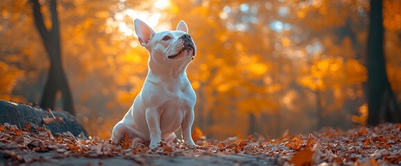 Poster - White French Bulldog Sitting in Autumn Forest