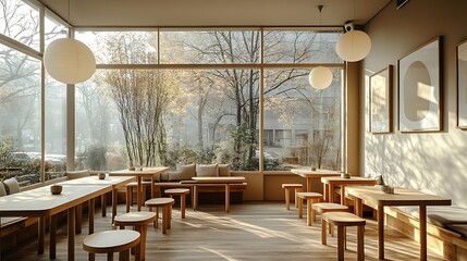 Wall Mural - A minimalist coffee shop interior with clean lines, light wooden tables, neutral tones, and large windows letting in natural light. Simple furniture and a serene atmosphere create a calming,