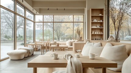 Wall Mural - A minimalist Scandinavian coffee shop with simple wooden tables, soft pastel decor, and cozy throws on seating. Large windows flood the room with natural light, creating a peaceful,