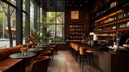 Wall Mural - A modern elegant coffee shop featuring sleek lines, dark wood tables, and plush velvet seating. The sophisticated space is illuminated by warm lighting,