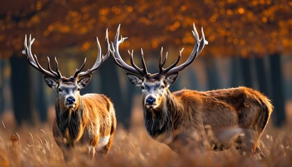 Wall Mural - Majestic red deer stag courting a hind amidst vibrant autumn foliage during rutting season