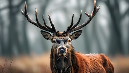 Wall Mural - Majestic red deer stag adorned with velvet antlers in vibrant spring landscape