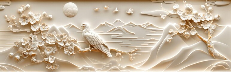 Wall Mural - White Carving of a Mountainous Scene with an Eagle