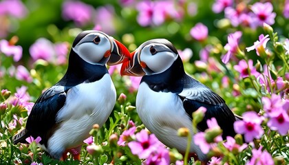 Wall Mural - Atlantic puffins nurturing their bond among vibrant thrift flowers