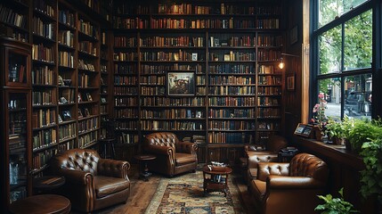 Wall Mural - A vintage library-themed coffee shop featuring dark wooden bookshelves, leather armchairs, and warm, soft lighting.