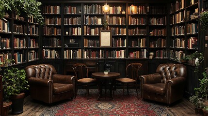 Wall Mural - A vintage library-themed coffee shop featuring dark wooden bookshelves, leather armchairs, and warm, soft lighting.