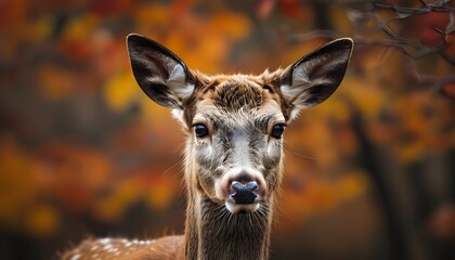 Wall Mural - Graceful young red deer amidst vibrant autumn foliage