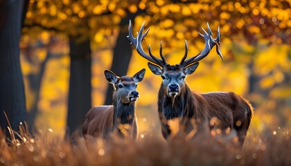 Canvas Print - Majestic red deer stag courting a hind amidst vibrant autumn foliage during rutting season