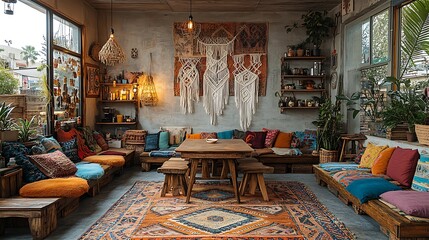 Canvas Print - Bohemian retreat coffee shop with low wooden tables, colorful pillows, macramé wall hangings, and eclectic decor. Warm and inviting lighting casts a soft glow over the cozy,