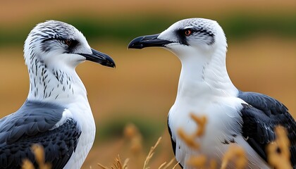 Intimate encounter between Great skuas atop moorland landscape