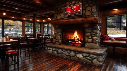 Poster - Cabin-style coffee shop with warm wooden tones, a large stone fireplace, and rustic decor. Soft, warm lighting from the fire adds to the cozy, intimate atmosphere,