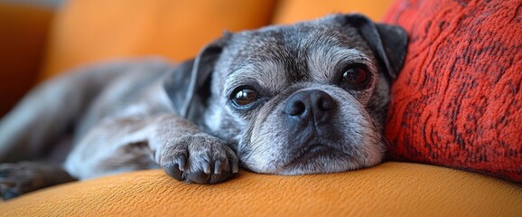 Poster - Relaxed Pug Dog on Orange Sofa