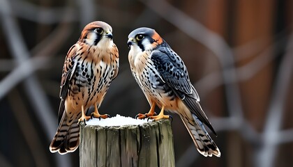 Poster - Common kestrels perched together on a post, showcasing their elegant plumage and vigilant presence in the landscape