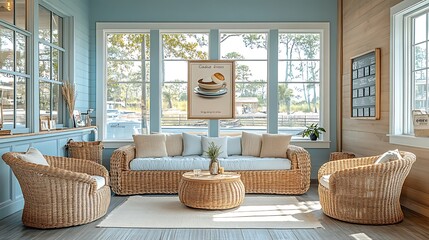 Wall Mural - Coastal-inspired coffee shop with natural wicker furniture, light blue walls, and sandy beige decor. Large windows let in the soft glow of natural light, evoking a relaxed,