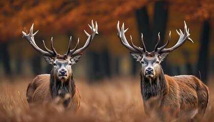 Canvas Print - Majestic red deer stag courting a hind amidst vibrant autumn foliage during rutting season