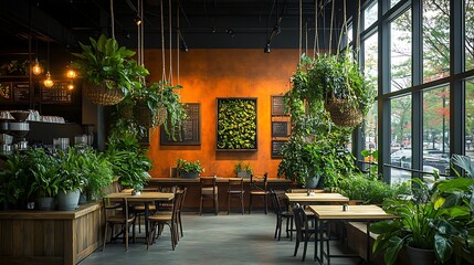 Canvas Print - Coffee shop interior filled with greenery, hanging planters, and large potted plants. Rustic wooden tables and chairs blend with the natural elements,