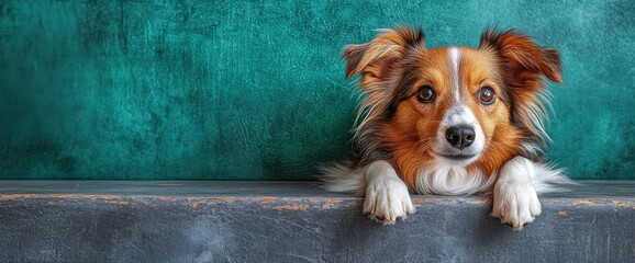 Wall Mural - Cute Dog Peeking Over a Countertop with a Teal Background