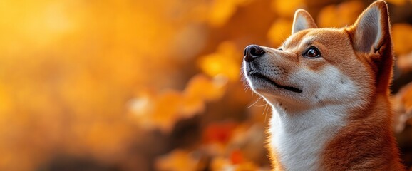 Wall Mural - Shiba Inu Dog Looking Up in Autumn Forest