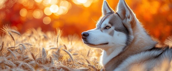 Wall Mural - Husky Dog in a Field of Wheat at Sunset