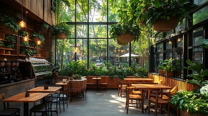 Wall Mural - Coffee shop interior with an urban jungle theme, featuring hanging plants, large potted trees, and rustic wood furniture. Natural light illuminates the cozy,