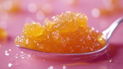 A close-up of golden jelly on a spoon against a pink background.