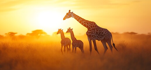 A family of giraffes walks through a golden savanna at sunset.