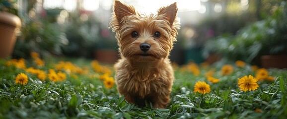 Wall Mural - Cute Yorkshire Terrier Puppy in a Field of Yellow Flowers