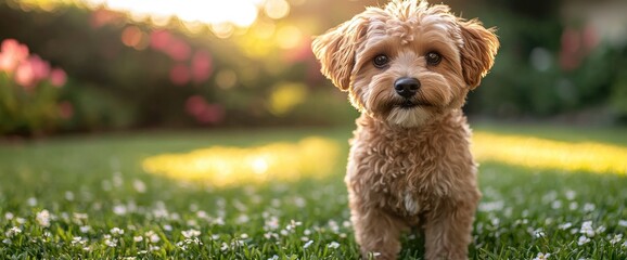 Poster - Adorable Golden Doodle Puppy Standing in a Field of Flowers at Sunset