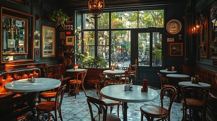 Wall Mural - Cozy Parisian café with marble tables, wrought iron seating, and ornate light fixtures. The soft lighting and vintage decor create a charming,