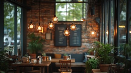 Poster - Cozy, rustic coffee shop interior with vintage wooden furniture, brick walls, hanging Edison bulbs, and potted plants.