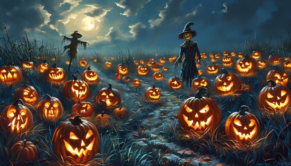 moonlit pumpkin patch filled with glowing jack-o'-lanterns