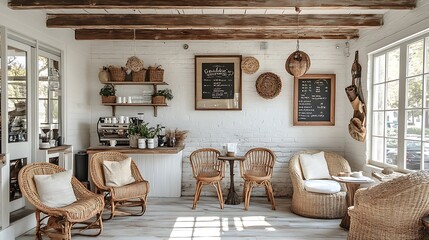 Wall Mural - Farmhouse chic coffee shop featuring whitewashed walls, rustic wood beams, wicker chairs, and vintage decor. The cozy space is filled with sunlight, creating a charming,