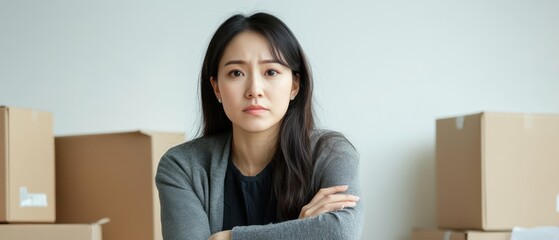 Asian woman packing up office supplies, indicating job loss and bankruptcy, on white background, unemployment, bankruptcy, symbol of financial collapse