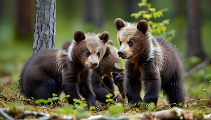 Wall Mural - Adorable brown bear cubs frolicking in a lush forest setting