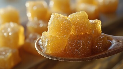 Close-up of translucent yellow gelatin cubes on a wooden spoon.