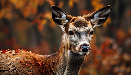 Wall Mural - Graceful young red deer amidst vibrant autumn foliage