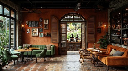 Poster - Mediterranean-inspired coffee shop with terracotta tones, olive green furnishings, and wooden shutters on the windows.