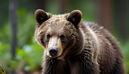 Wall Mural - Intriguing portrait of a young Eurasian Brown bear amidst lush forest greenery