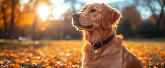 Wall Mural - Golden Retriever Dog Looking Up in Autumn Park